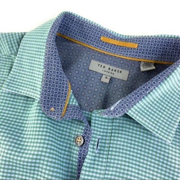 Ted Baker London Short Sleeve Button Down Teal Checkered - Picture 4 of 5